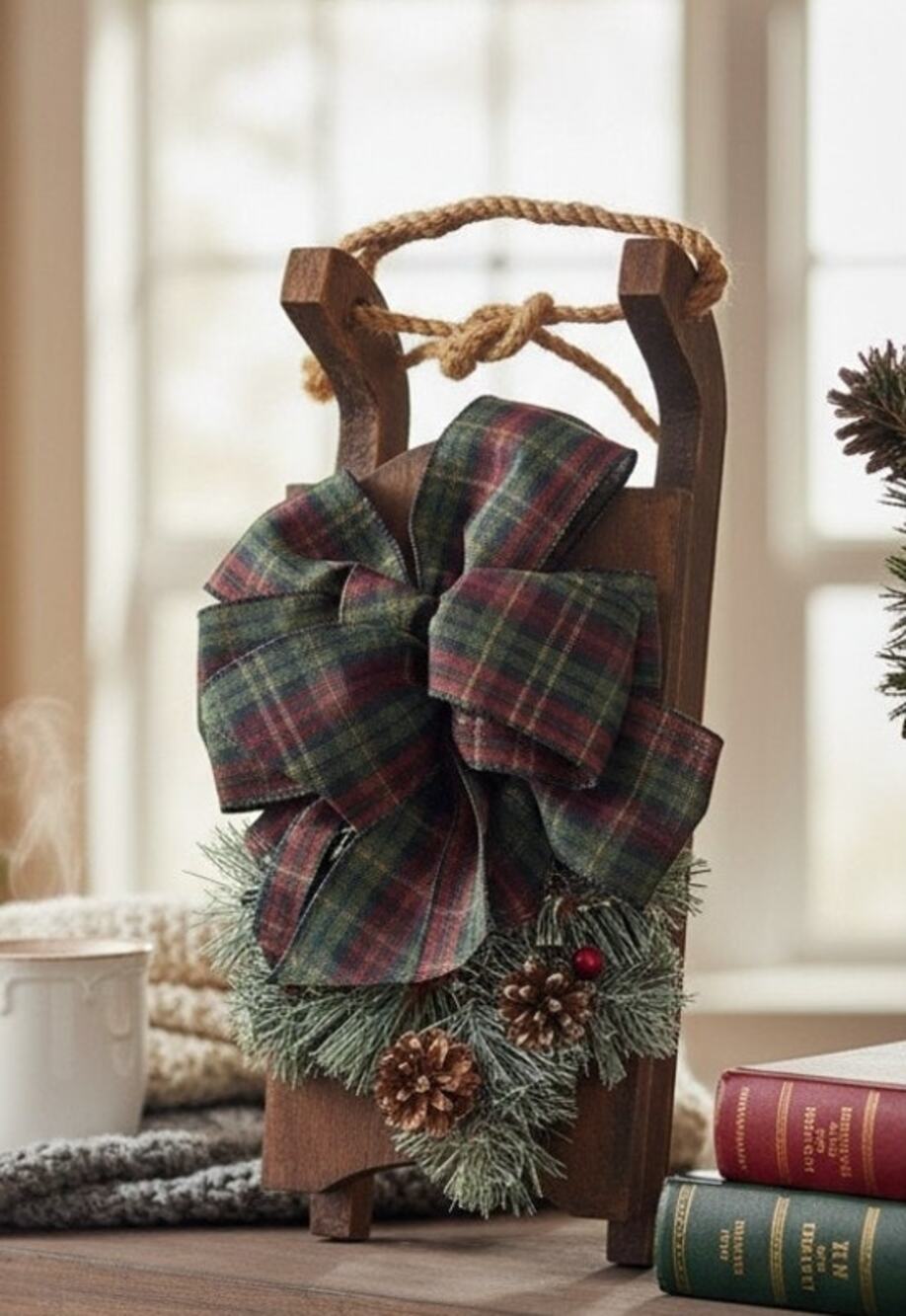 Wooden Christmas Sleigh Green Plaid Bow Door Hanger Wall Decor Holiday 16x7x6